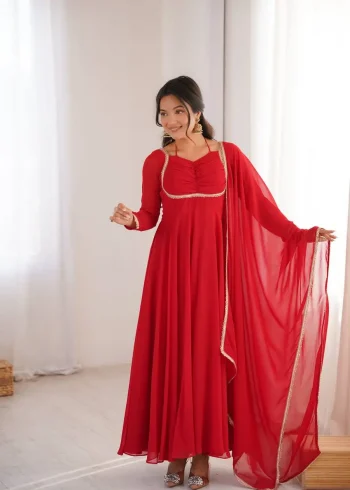 RICH LOOK GEORGETTE FANCY LACE WORK GOWN WITH DUPATTA RED
