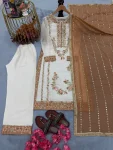 RICH LOOK GMY SILK EMBROIDERY SEQUENCE WORK WITH RIVET MOTI WORK TOP BOTTOM WITH DUPATTA WHITE AND CHIKU