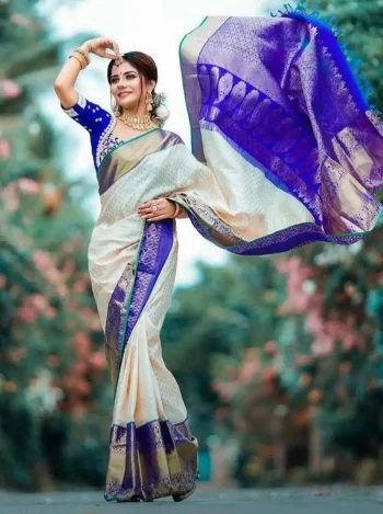 RICH LOOK LICHI SILK ZARI WEAVING WORK SAREE WITH UNSTITCHED BLOUSE BLUE AND CREAM