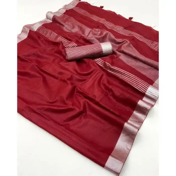 RICH LOOK LINEN COTTON PLAIN WITH EXTRA ZALAR WORK SAREE WITH UNSTITCHED BLOUSE MAROON
