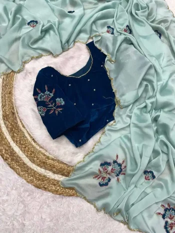 RICH LOOK RANGOLI SILK CUTDANA, MOTI AND RESHAM THREAD WORK SAREE WITH UNSTITCHED BLOUSE SKY