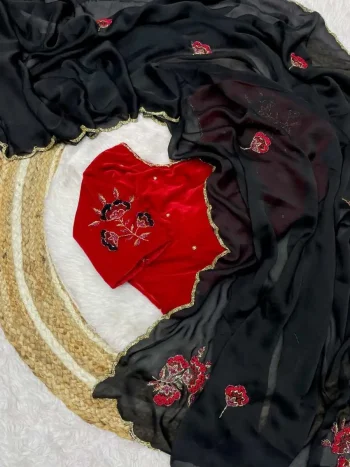 RICH LOOK RANGOLI SILK CUTDANA, MOTI AND RESHAM THREAD WORK SAREE WITH UNSTITCHED BLOUSE BLACK