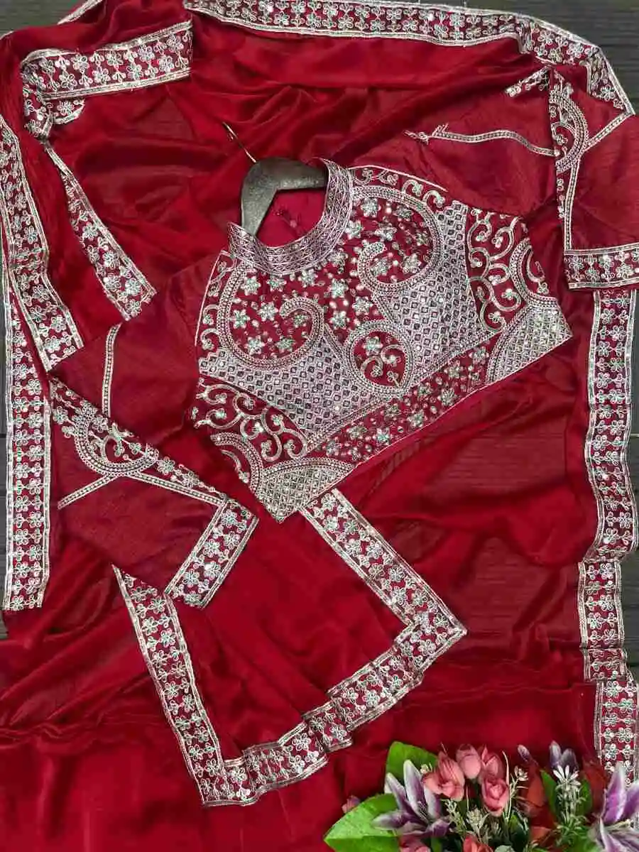 RICH LOOK RANGOLI SILK EMBROIDERY SEQUENCE WORK READY TO WEAR SAREE WITH STITCHED BLOUSE PARTY WEAR WHOLESALE PRICE ETHNIC GARMENT (10)