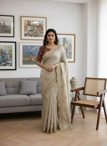 RICH LOOK RANGOLI SILK SEQUENCE AND ZARI EMBROIDERY WORK SAREE WITH UNSTITCHED BLOUSE CREAM