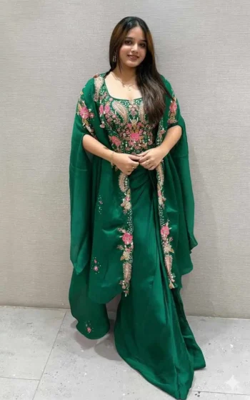 RICH LOOK RANGOLI SILK SEQUENCE EMBROIDERY WORK BLOUSE DRAPE SKIRT WITH SHRUG GREEN