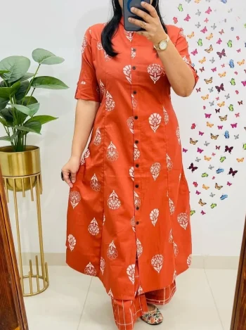 RICH LOOK RAYON DIGITAL PRINT WORK CO-ORD SET ORANGE