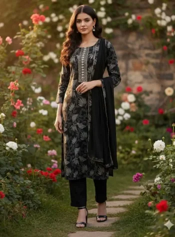 RICH LOOK RAYON SLUB DIGITAL PRINTED TOP BOTTOM WITH DUPATTA BLACK
