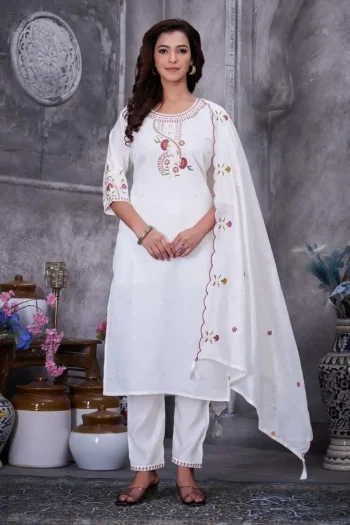 RICH LOOK ROMAN SILK MULTI EMBROIDERY THREAD WITH HAND WORK TOP BOTTOM WITH DUPATTA WHITE