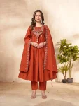RICH LOOK ROMAN SILK MULTI-THREAD & SEQUENCE EMBROIDERY WITH HANDWORK TOP BOTTOM WITH DUPATTA ORANGE