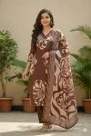 RICH LOOK SLUB RAYON DIGITAL PRINTED PAPER MIRROR EMBROIDERY WORK TOP BOTTOM WITH DUPATTA BROWN