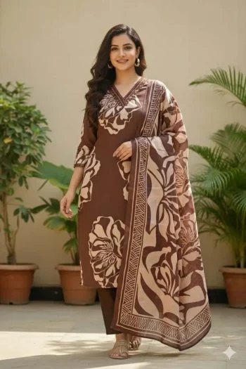 RICH LOOK SLUB RAYON DIGITAL PRINTED PAPER MIRROR EMBROIDERY WORK TOP BOTTOM WITH DUPATTA BROWN