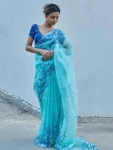 RICH LOOK TABBY SILK FLORAL PRINT WITH BEADS AND CUT DANA HANDWORK SAREE WITH UNSTITCHED BLOUSE SKY AND BLUE
