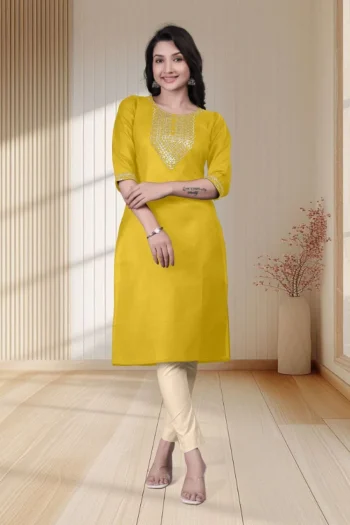 RICH LOOK TESLA COTTON EMBROIDERY WORK ONLY KURTI YELLOW
