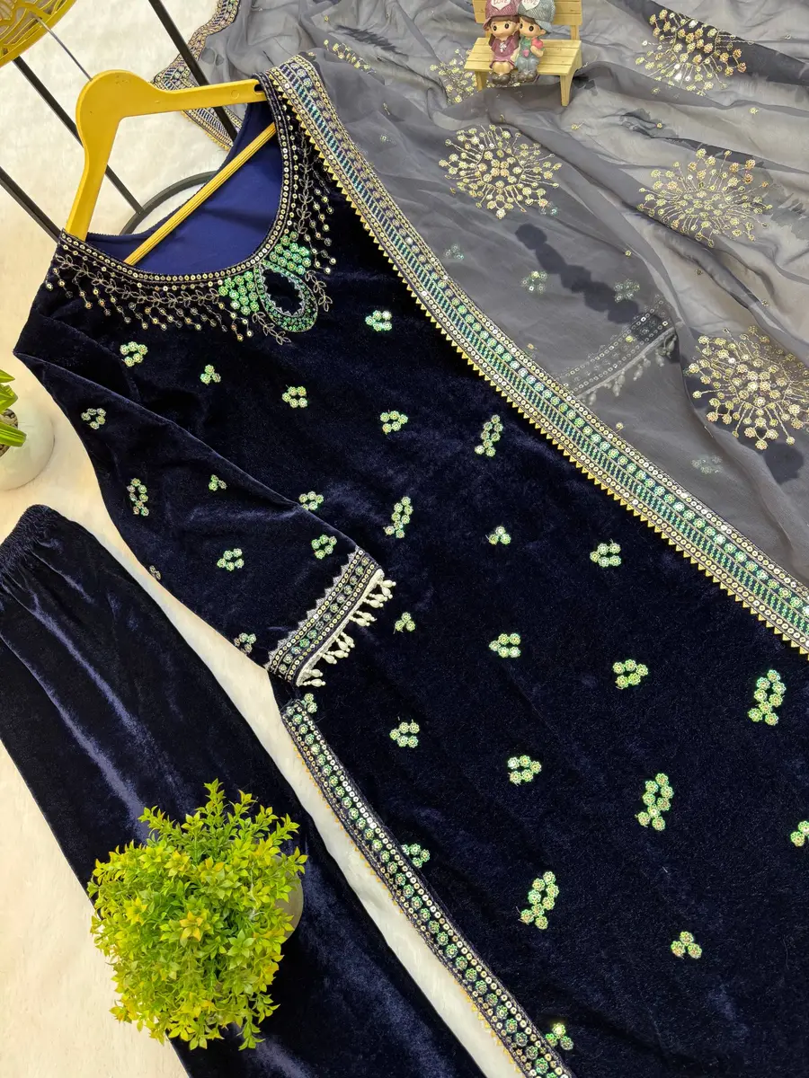 RICH LOOK VELVET EMBROIDERY WORK TOP BOTTOM WITH DUPATTA FESTIVE WEAR WHOLESALE PRICE ETHNIC GARMENT (10)