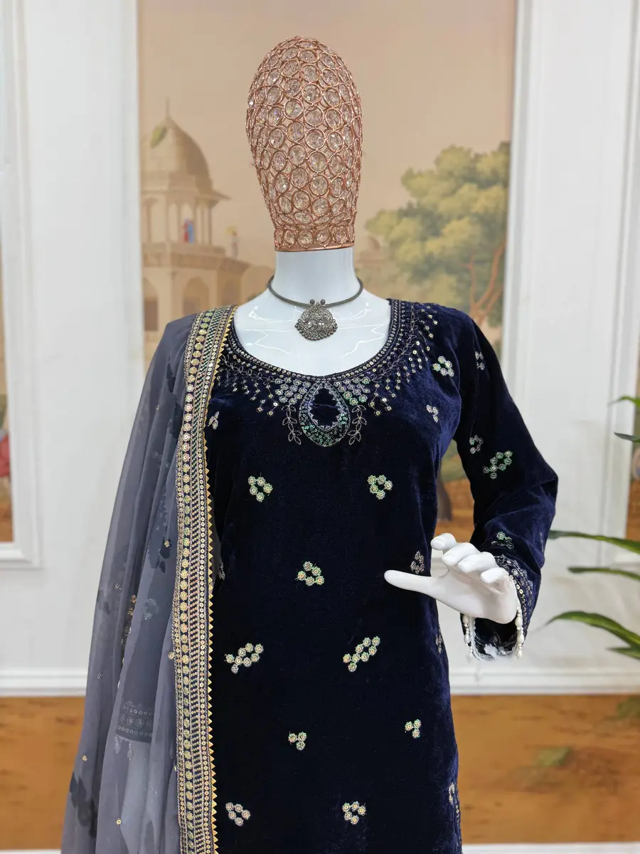 RICH LOOK VELVET EMBROIDERY WORK TOP BOTTOM WITH DUPATTA FESTIVE WEAR WHOLESALE PRICE ETHNIC GARMENT (11)