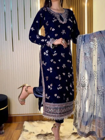 RICH LOOK VELVET EMBROIDERY WORK TOP BOTTOM WITH DUPATTA NAVY BLUE