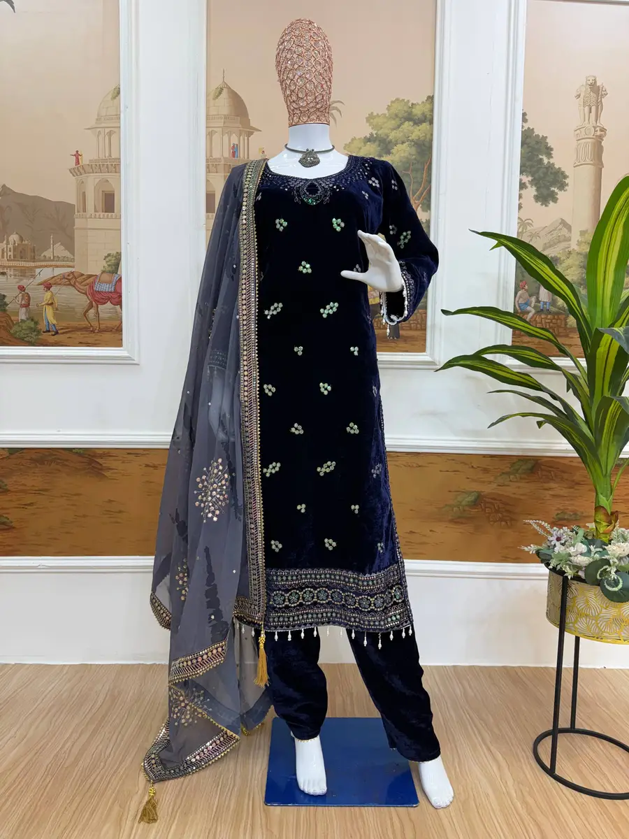 RICH LOOK VELVET EMBROIDERY WORK TOP BOTTOM WITH DUPATTA FESTIVE WEAR WHOLESALE PRICE ETHNIC GARMENT (6)