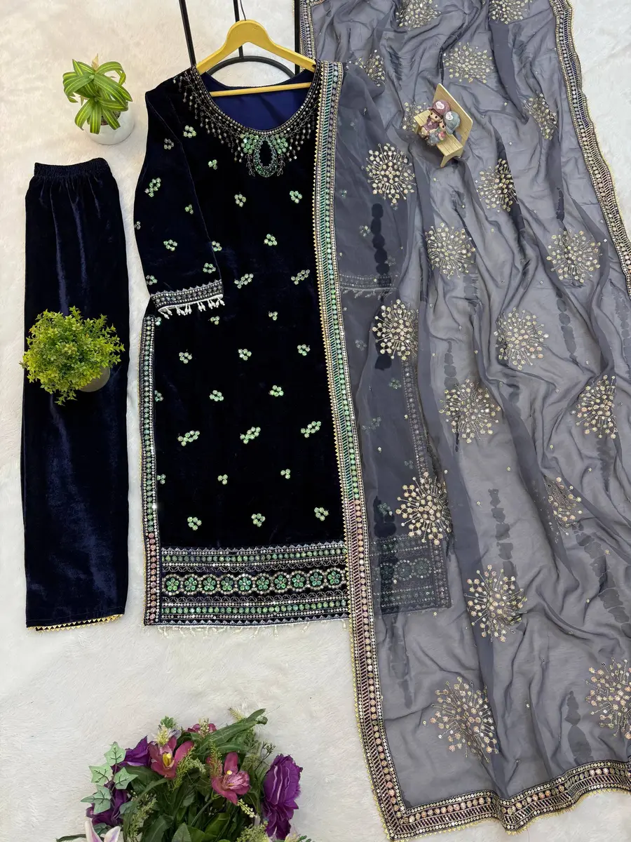 RICH LOOK VELVET EMBROIDERY WORK TOP BOTTOM WITH DUPATTA FESTIVE WEAR WHOLESALE PRICE ETHNIC GARMENT (9)