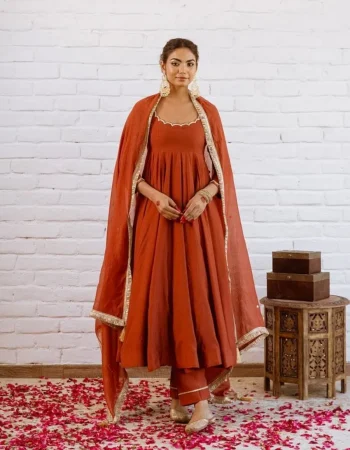 RICH LOOK VICHITRA SILK BEADS WORK GOWN BOTTOM WITH DUPATTA ORANGE