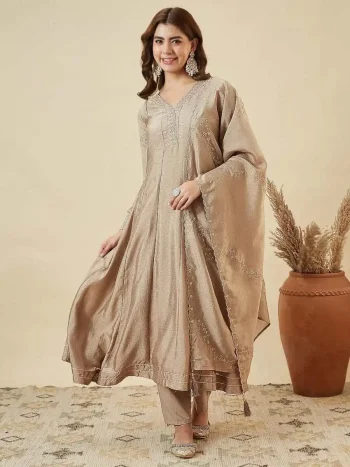RICH LOOK VICHITRA SILK EMBROIDERY WORK TOP BOTTOM WITH DUPATTA CREAM