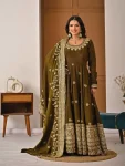 RICH LOOK VICHITRA SILK SEQUENCE AND EMBROIDERY WORK GOWN BOTTOM WITH DUPATTA MEHNDI