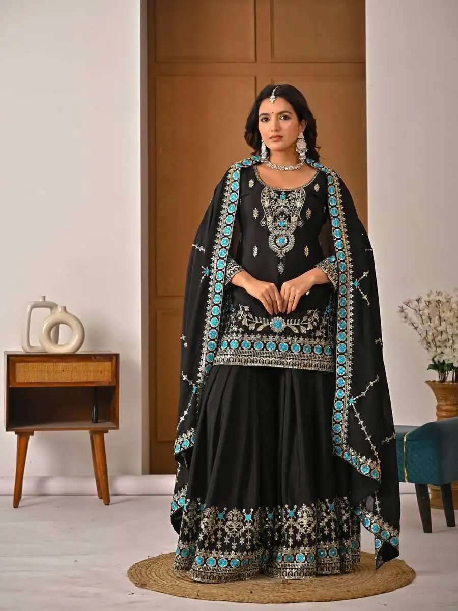 RICH LOOK VICHITRA SILK SEQUENCE AND EMBROIDERY WORK TOP PALAZZO WITH DUPATTA WEDDING WEAR WHOLESALE PRICE ETHNIC GARMENT (3)