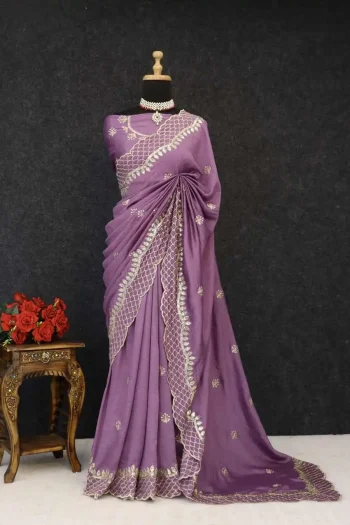 RICH LOOK VICHITRA SILK SEQUENCE THREAD EMBROIEDRY WORK SAREE WITH UNSTITCHED BLOUSE LAVENDER