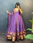 TRADITIONAL NARYANPET SILK BORDER WORK GOWN WITH NET DUPATTA PURPLE