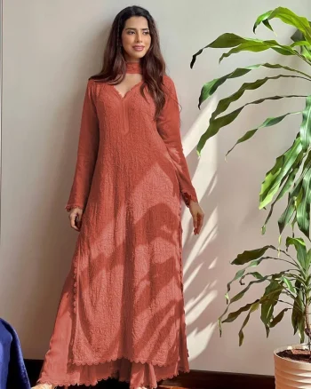 TRENDY GEORGETTE EMBROIDERY THREAD WORK TOP PALAZZO WITH DUPATTA ORANGE