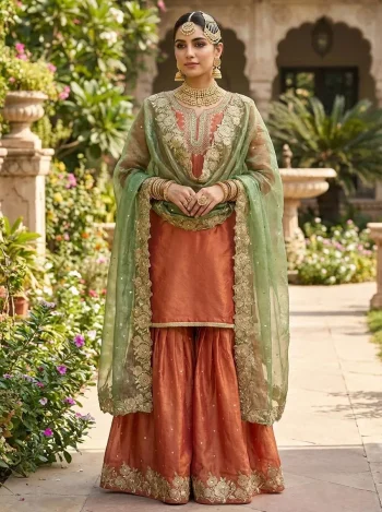 DESIGNER FENDY SILK EMBROIDERY SEQUENCE WORK TOP SHARARA WITH DUPATTA ORANGE