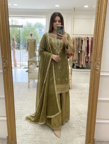 DESIGNER GMY SILK EMBROIDERY SEQUENCE WORK WITH RIVET MOTI WORK TOP PALAZZO WITH DUPATTA PISTA