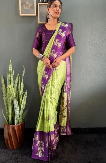 FANCY DOLA SILK PRINTED ON WOVEN WORK GOWN SAREE PISTA