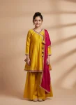 MODERN CHANDERI COTTON EMBROIDERED LACE WORK KID'S TOP BOTTOM WITH DUPATTA YELLOW