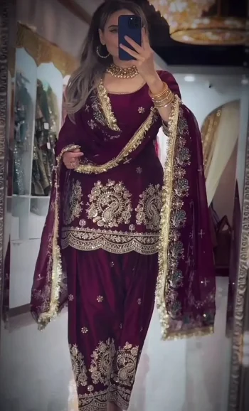 MODERN FENDY CRUSH SILK EMBROIDERY THREAD & SEQUENCE WORK TOP PATIYALA WITH DUPATTA WINE