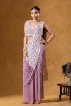 DESIGNER GEORGETTE EMBROIDERY THREAD & SEQUENCE WORK READY TO WEAR SAREE WITH STITCHED BLOUSE BABY PINK