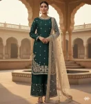 DESIGNER GMY SILK EMBROIDERY SEQUENCE WITH DIAMOND & MOTI HAND WORK TOP PALAZZO WITH DUPATTA GREEN