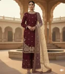 DESIGNER GMY SILK EMBROIDERY  SEQUENCE WITH DIAMOND & MOTI HAND WORK TOP PALAZZO WITH DUPATTA MAROON