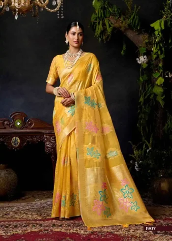 DESIGNER ORGANZA KHADI ZHALLAR WORK SAREE WITH UNSTITCHED BLOUSE YELLOW