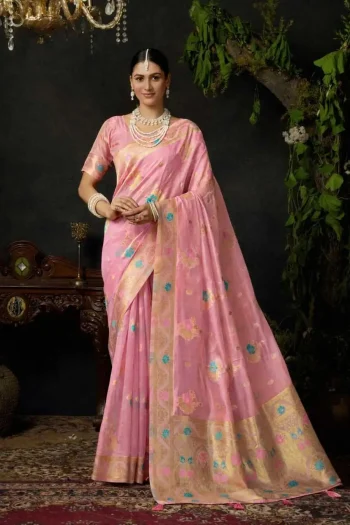 DESIGNER ORGANZA KHADI ZHALLAR WORK SAREE WITH UNSTITCHED BLOUSE BABY PINK