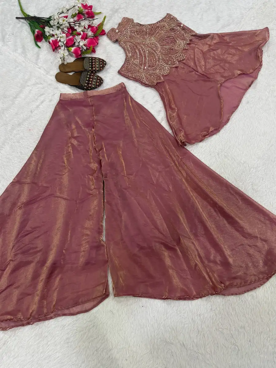 12MODERN FENDY SILK BEADS HAND WORK AND MOTI WORK HIGH NECK TOP WITH PALAZZO SET PARTY WEAR WHOLESALE PRICE ETHNIC GARMENT (14)