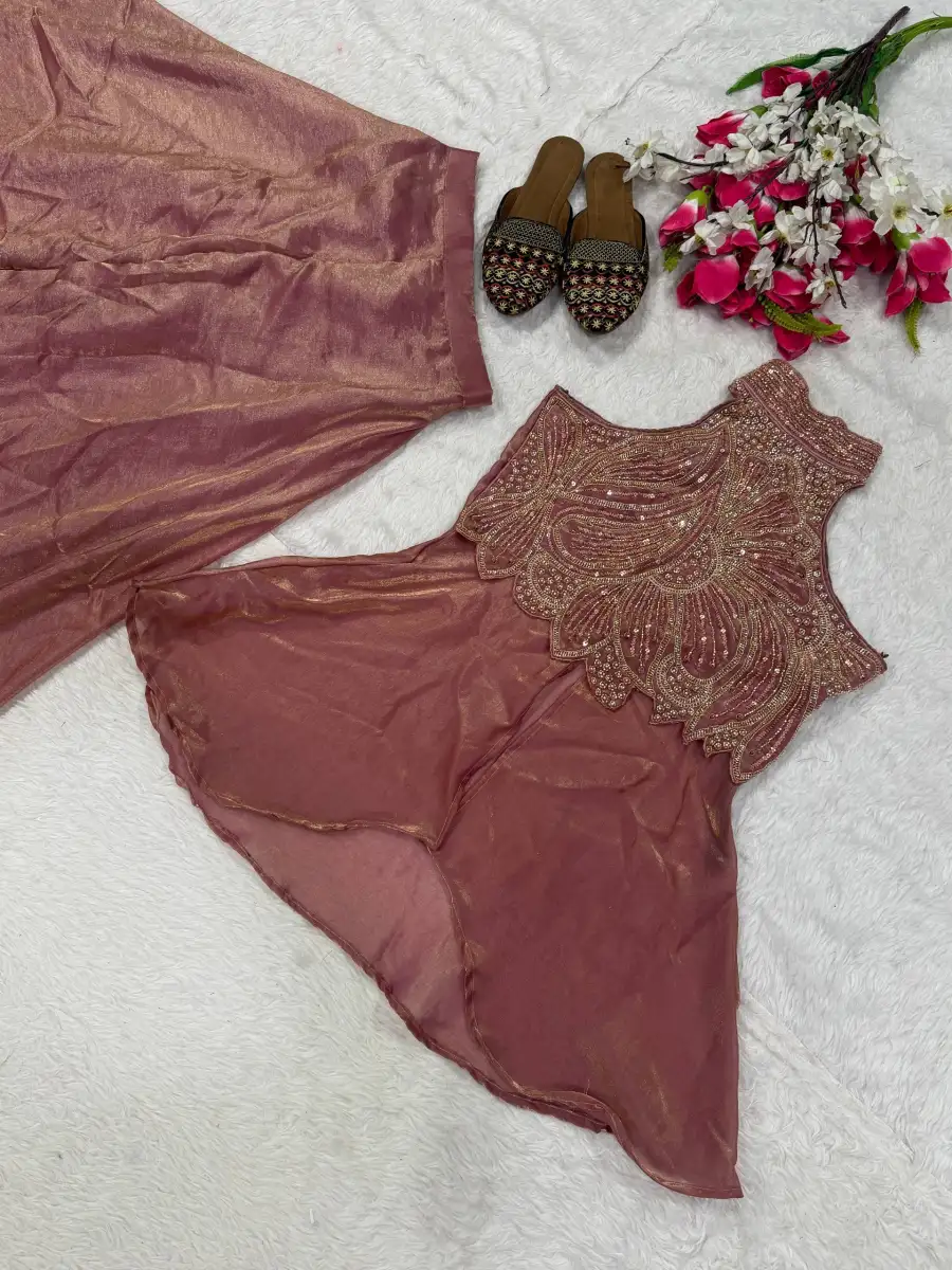 12MODERN FENDY SILK BEADS HAND WORK AND MOTI WORK HIGH NECK TOP WITH PALAZZO SET PARTY WEAR WHOLESALE PRICE ETHNIC GARMENT (15)