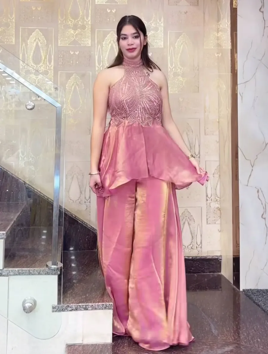 12MODERN FENDY SILK BEADS HAND WORK AND MOTI WORK HIGH NECK TOP WITH PALAZZO SET PARTY WEAR WHOLESALE PRICE ETHNIC GARMENT (17)