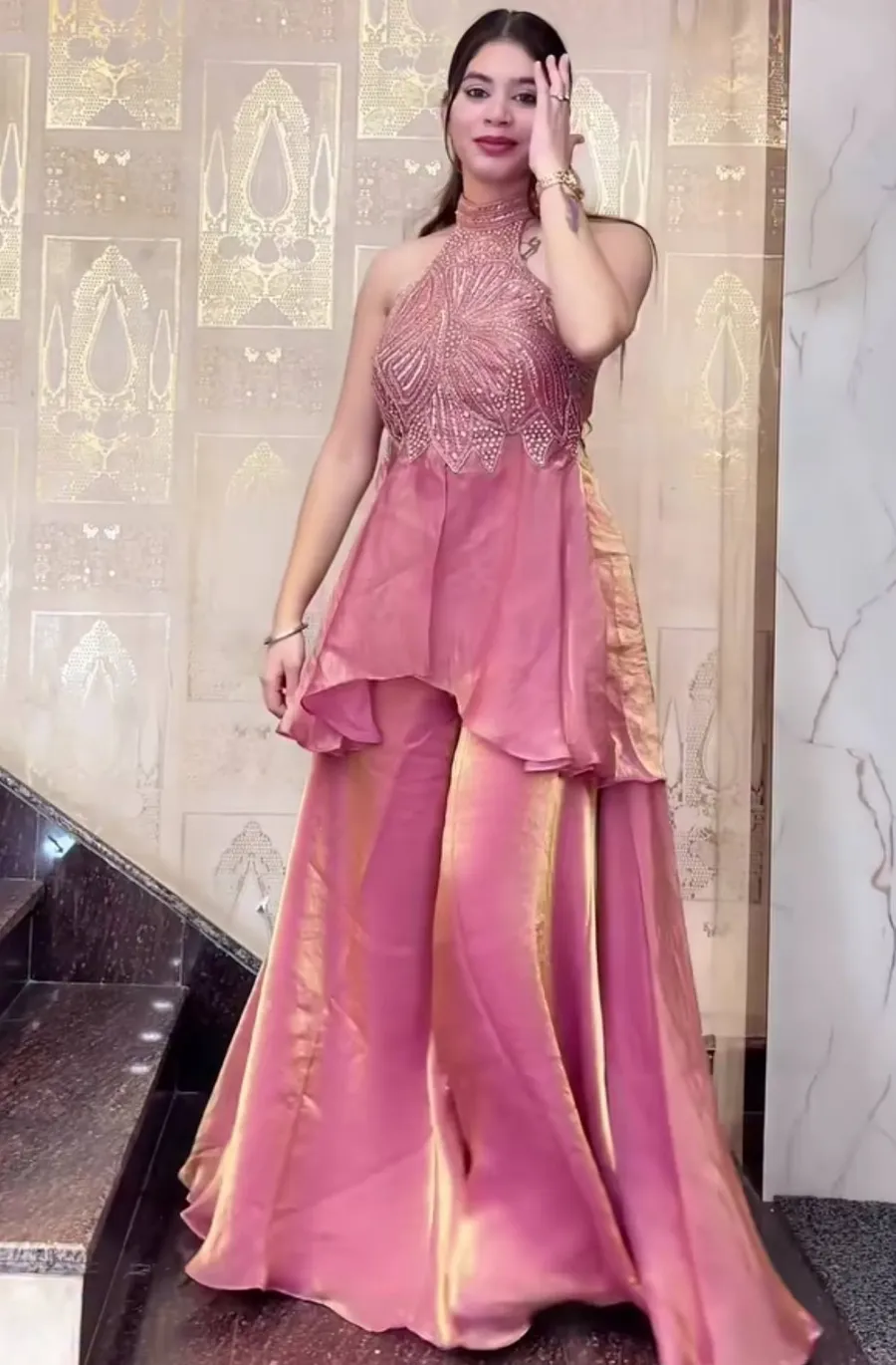 12MODERN FENDY SILK BEADS HAND WORK AND MOTI WORK HIGH NECK TOP WITH PALAZZO SET PARTY WEAR WHOLESALE PRICE ETHNIC GARMENT (20)