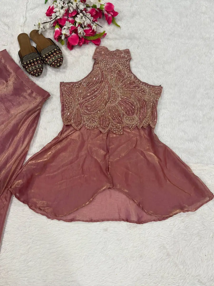 12MODERN FENDY SILK BEADS HAND WORK AND MOTI WORK HIGH NECK TOP WITH PALAZZO SET PARTY WEAR WHOLESALE PRICE ETHNIC GARMENT (21)