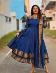 DESIGNER SILK COTTON JACQUARD WEAVING JARI WORK GOWN WITH DUPATTA NAVY BLUE