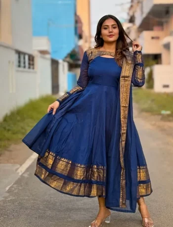DESIGNER SILK COTTON JACQUARD WEAVING JARI WORK GOWN WITH DUPATTA NAVY BLUE