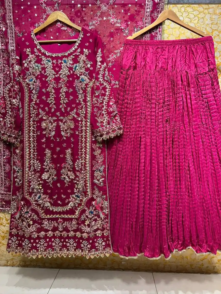 13FANCY GEORGETTE EMBROIDERY SEQUENCE WORK WITH BEADS WORK TOP PALAZZO WITH DUPATTA FESTIVE WEAR WHOLESALE PRICE ETHNIC GARMENT (20)