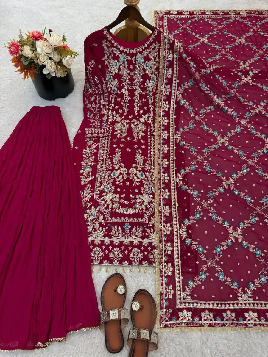 13FANCY GEORGETTE EMBROIDERY SEQUENCE WORK WITH BEADS WORK TOP PALAZZO WITH DUPATTA FESTIVE WEAR WHOLESALE PRICE ETHNIC GARMENT (24)