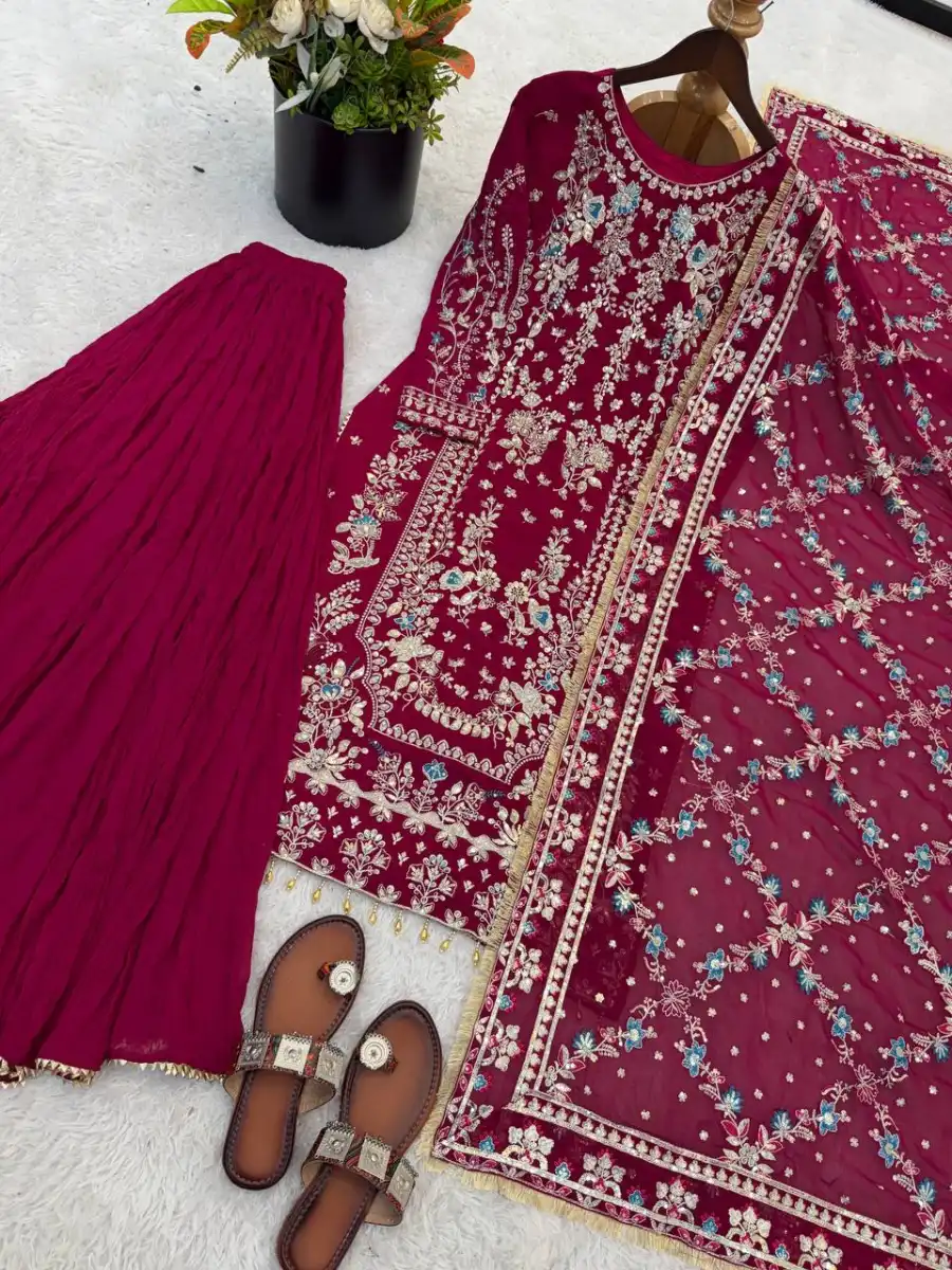 13FANCY GEORGETTE EMBROIDERY SEQUENCE WORK WITH BEADS WORK TOP PALAZZO WITH DUPATTA FESTIVE WEAR WHOLESALE PRICE ETHNIC GARMENT (25)