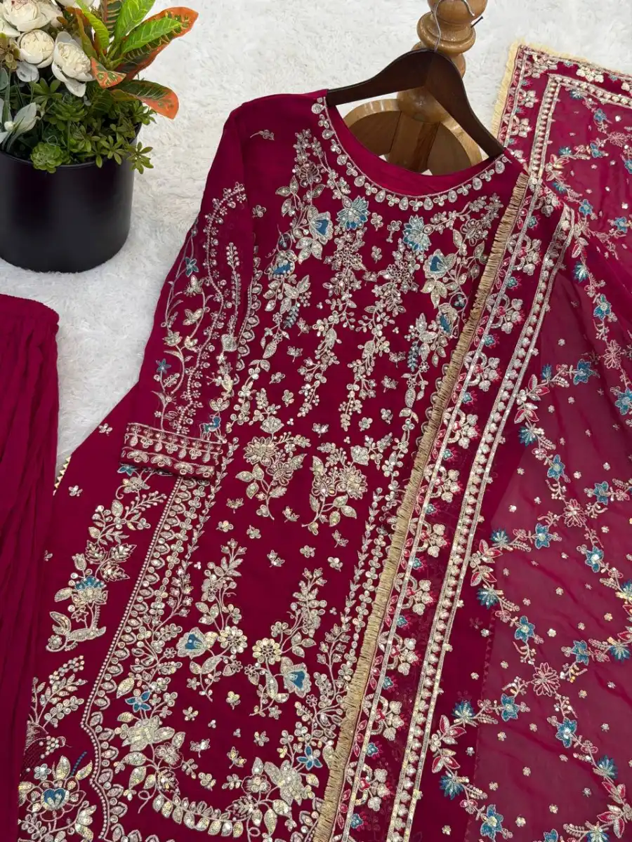 13FANCY GEORGETTE EMBROIDERY SEQUENCE WORK WITH BEADS WORK TOP PALAZZO WITH DUPATTA FESTIVE WEAR WHOLESALE PRICE ETHNIC GARMENT (27)